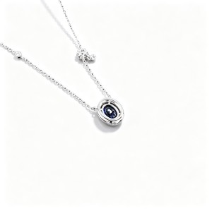 925 Sterling Silver Lab-Created Blue Sapphire Necklace | Oval-Cut Halo Pendant with Chain Accent