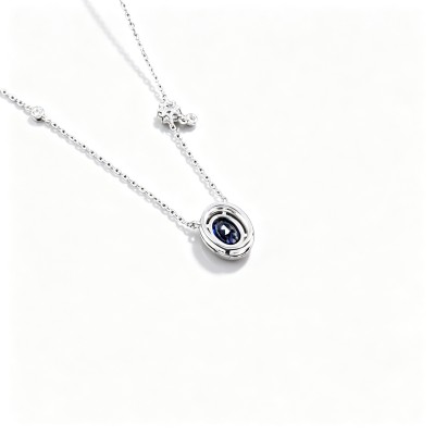 925 Sterling Silver Lab-Created Blue Sapphire Necklace | Oval-Cut Halo Pendant with Chain Accent