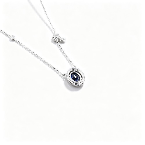 925 Sterling Silver Lab-Created Blue Sapphire Necklace | Oval-Cut Halo Pendant with Chain Accent