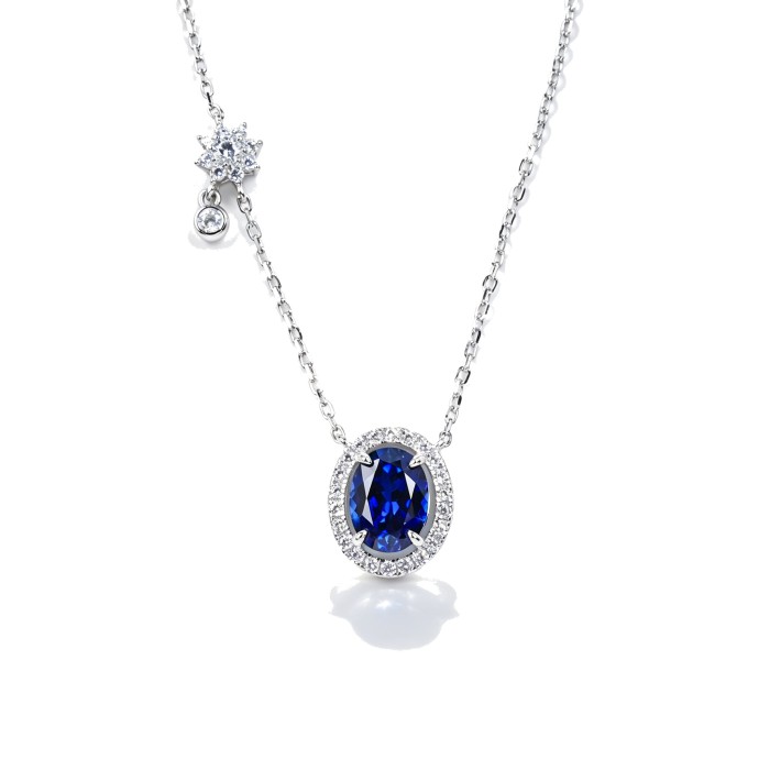 925 Sterling Silver Lab-Created Blue Sapphire Necklace | Oval-Cut Halo Pendant with Chain Accent