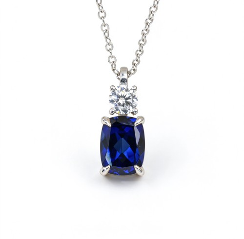 925 Sterling Silver Lab-Created Blue Sapphire Necklace | Pear-Shaped Halo Pendant