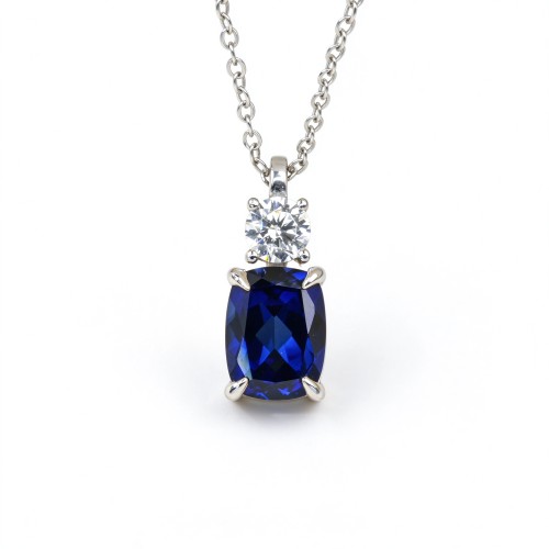 925 Sterling Silver Lab-Created Blue Sapphire Necklace | Pear-Shaped Halo Pendant