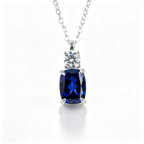 925 Sterling Silver Lab-Created Blue Sapphire Necklace | Pear-Shaped Halo Pendant