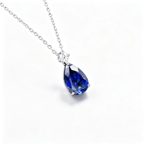 925 Sterling Silver Lab-Created Blue Sapphire Necklace | Pear-Shaped Halo Pendant