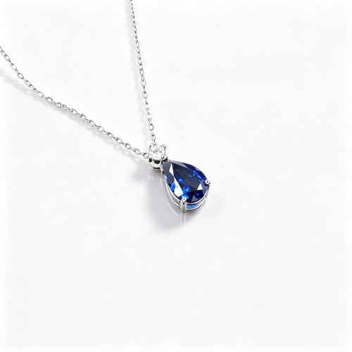 925 Sterling Silver Lab-Created Blue Sapphire Necklace | Pear-Shaped Halo Pendant