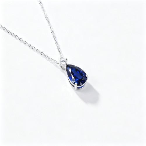 925 Sterling Silver Lab-Created Blue Sapphire Necklace | Pear-Shaped Halo Pendant