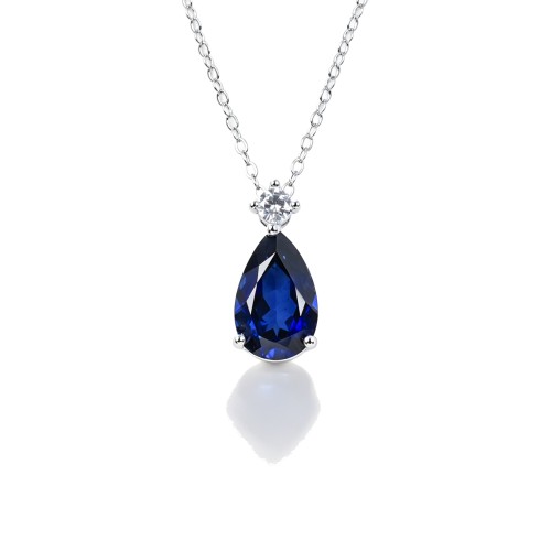 925 Sterling Silver Lab-Created Blue Sapphire Necklace | Pear-Shaped Halo Pendant
