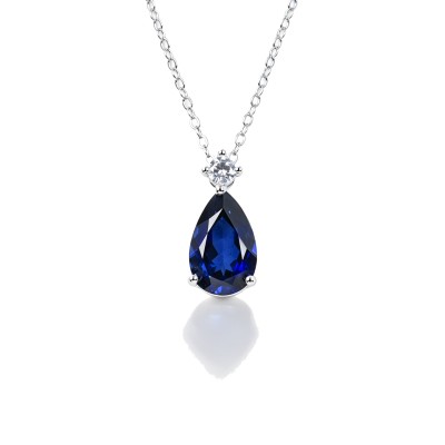 925 Sterling Silver Lab-Created Blue Sapphire Necklace | Pear-Shaped Halo Pendant