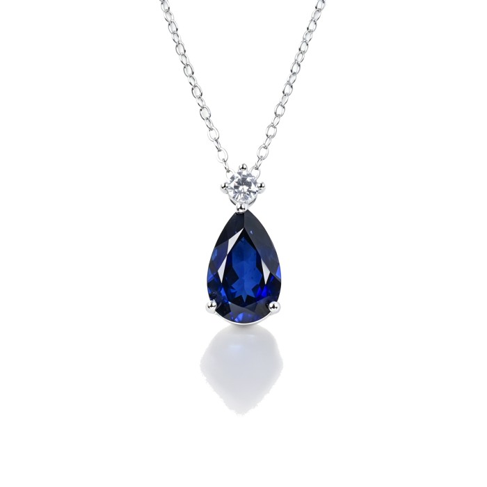 925 Sterling Silver Lab-Created Blue Sapphire Necklace | Pear-Shaped Halo Pendant