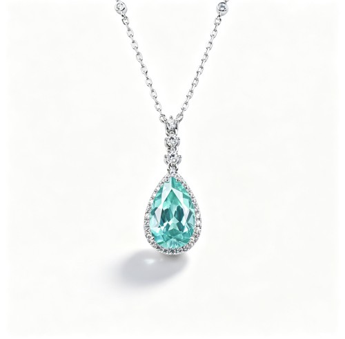 925 Sterling Silver Lab-Created Paraiba-Color Green Garnet Necklace | Pear-Shaped Pendant with Pavé Accents