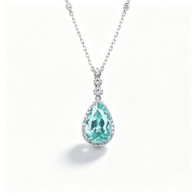 925 Sterling Silver Lab-Created Paraiba-Color Green Garnet Necklace | Pear-Shaped Pendant with Pavé Accents