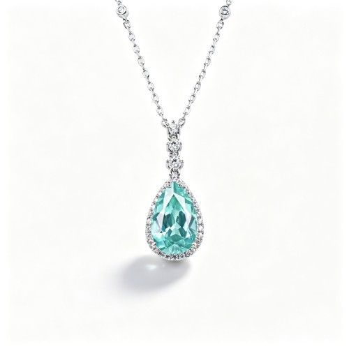 925 Sterling Silver Lab-Created Paraiba-Color Green Garnet Necklace | Pear-Shaped Pendant with Pavé Accents