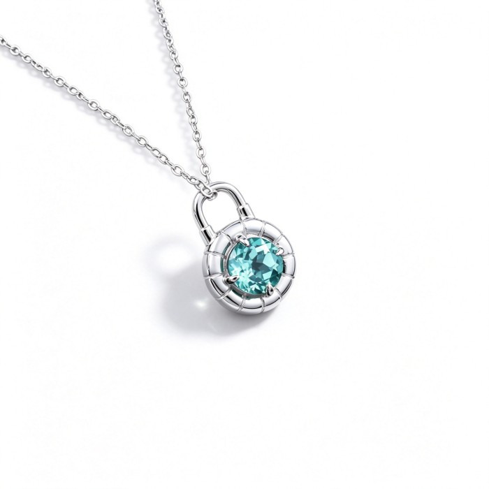 925 Sterling Silver Lab-Created Paraiba-Color Green Garnet Necklace | Round Gemstone Pendant
