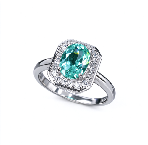 925 Sterling Silver Lab-Created Paraiba-Color Green Garnet Ring | Oval Center | Halo Setting