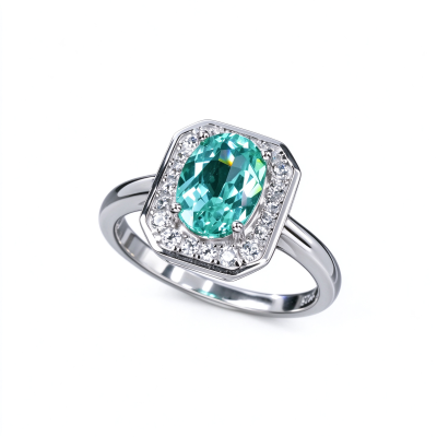 925 Sterling Silver Lab-Created Paraiba-Color Green Garnet Ring | Oval Center | Halo Setting