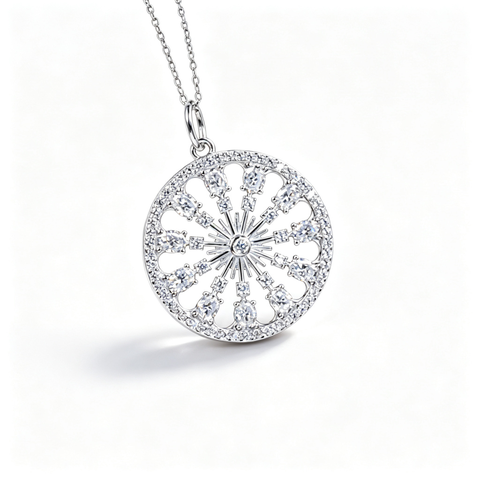 925 Sterling Silver Moissanite Necklace | Floral Sunburst Round Pendant | Pavé Statement Jewelry
