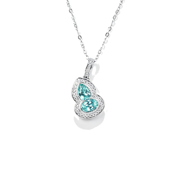 925 Sterling Silver Lab-Created Paraiba-Color Green Garnet Necklace | Double Pear-Cut Gourd Pendant | Pavé Halo