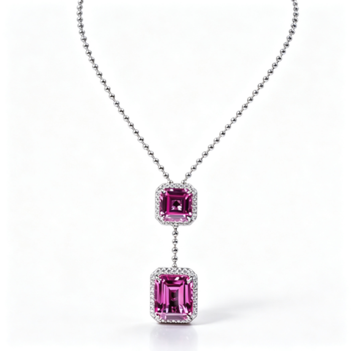 925 Sterling Silver Lab-Created Padparadscha Sapphire Necklace | Sunset Pink-Orange Gemstone | Octagonal Cut Jewelry