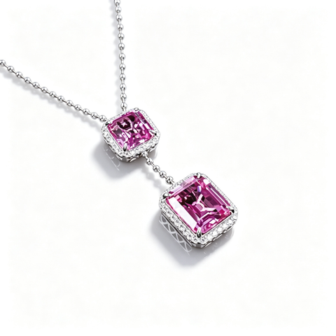 925 Sterling Silver Lab-Created Padparadscha Sapphire Necklace | Sunset Pink-Orange Gemstone | Octagonal Cut Jewelry