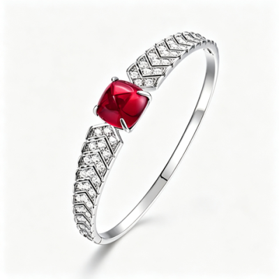 925 Sterling Silver Lab-Created Ruby Bangle | Red Center Stone with Geometric Pavé Accents
