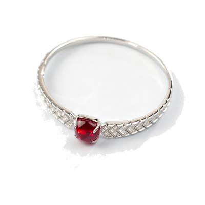 925 Sterling Silver Lab-Created Ruby Bangle | Red Center Stone with Geometric Pavé Accents
