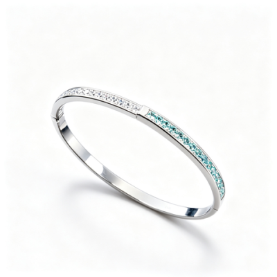 925 Sterling Silver Paraiba-Color Green Garnet Bangle | Silver Tone | Half-Pavé Design