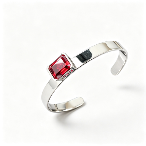 925 Sterling Silver Lab-Created Ruby Cuff Bangle | Emerald-Cut Red Gemstone | Modern Minimalist Jewelry