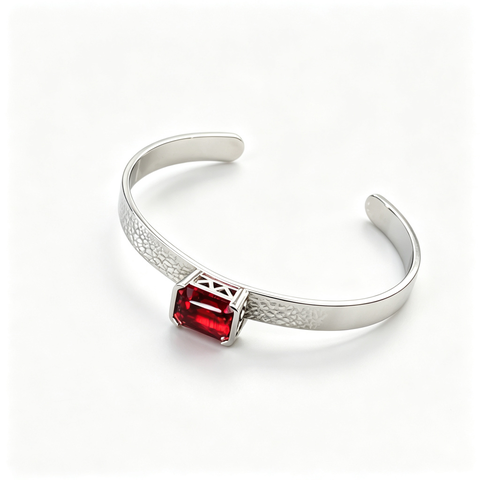 925 Sterling Silver Lab-Created Ruby Cuff Bangle | Emerald-Cut Red Gemstone | Modern Minimalist Jewelry