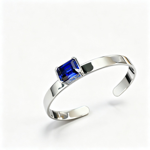 925 Sterling Silver Lab-Created Blue Sapphire Cuff Bangle | Emerald-Cut Blue Gemstone | Modern Minimalist Jewelry