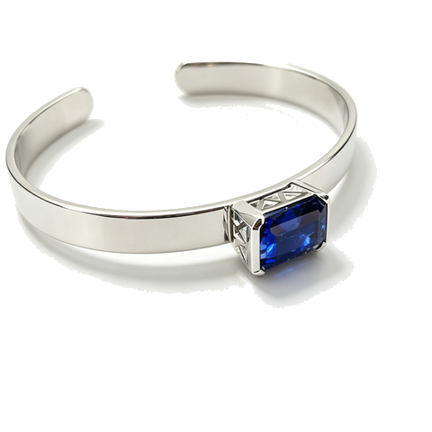 925 Sterling Silver Lab-Created Blue Sapphire Cuff Bangle | Emerald-Cut Blue Gemstone | Modern Minimalist Jewelry