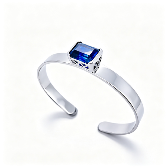 925 Sterling Silver Lab-Created Blue Sapphire Cuff Bangle | Emerald-Cut Blue Gemstone | Modern Minimalist Jewelry