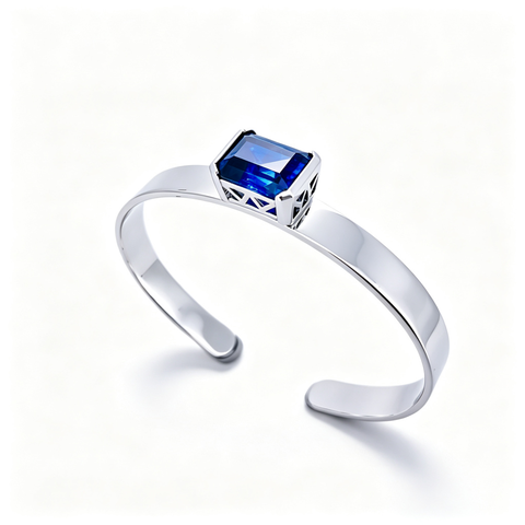 925 Sterling Silver Lab-Created Blue Sapphire Cuff Bangle | Emerald-Cut Blue Gemstone | Modern Minimalist Jewelry