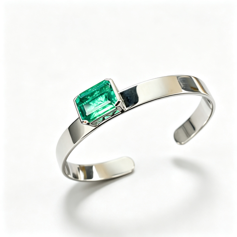 925 Sterling Silver Lab-Created Emerald Cuff Bangle | Emerald-Cut Green Gemstone | Modern Minimalist Jewelry