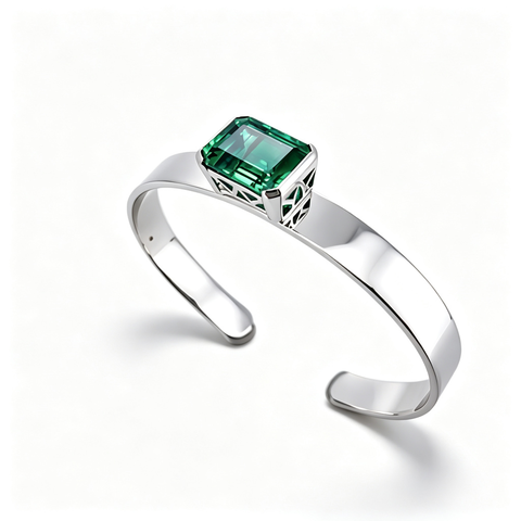 925 Sterling Silver Lab-Created Emerald Cuff Bangle | Emerald-Cut Green Gemstone | Modern Minimalist Jewelry