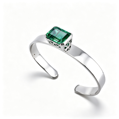 925 Sterling Silver Lab-Created Emerald Cuff Bangle | Emerald-Cut Green Gemstone | Modern Minimalist Jewelry