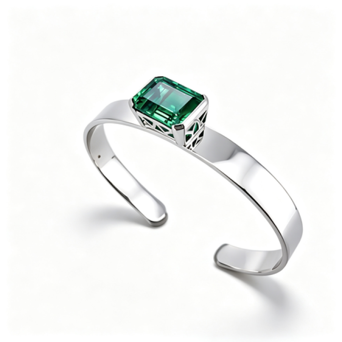925 Sterling Silver Lab-Created Emerald Cuff Bangle | Emerald-Cut Green Gemstone | Modern Minimalist Jewelry