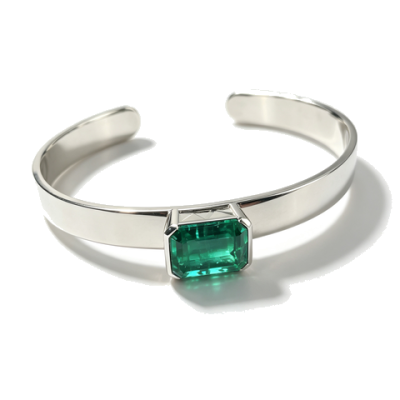 925 Sterling Silver Lab-Created Emerald Cuff Bangle | Emerald-Cut Green Gemstone | Modern Minimalist Jewelry