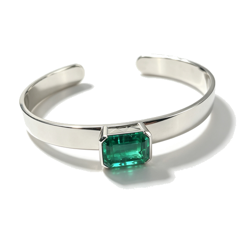 925 Sterling Silver Lab-Created Emerald Cuff Bangle | Emerald-Cut Green Gemstone | Modern Minimalist Jewelry