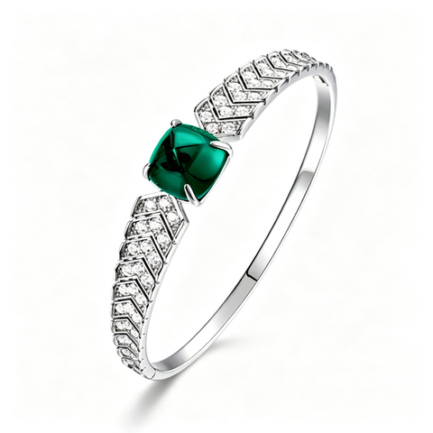 925 Sterling Silver Lab-Created Colombian Emerald Bangle | Rectangular Green Center Stone | Geometric Luxury Jewelry