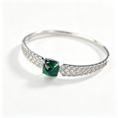 925 Sterling Silver Lab-Created Colombian Emerald Bangle | Rectangular Green Center Stone | Geometric Luxury Jewelry