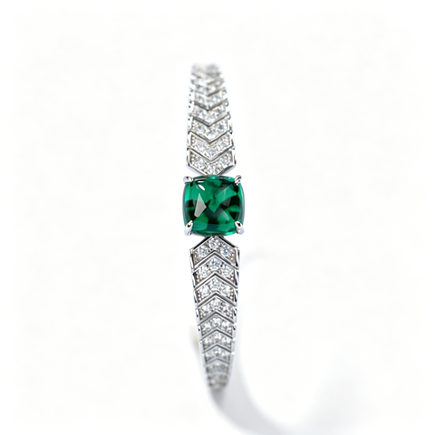 925 Sterling Silver Lab-Created Colombian Emerald Bangle | Rectangular Green Center Stone | Geometric Luxury Jewelry
