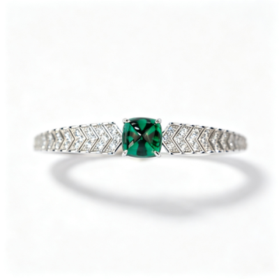 925 Sterling Silver Lab-Created Colombian Emerald Bangle | Rectangular Green Center Stone | Geometric Luxury Jewelry