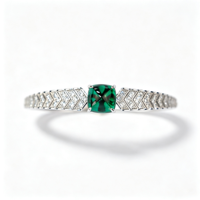925 Sterling Silver Lab-Created Colombian Emerald Bangle | Rectangular Green Center Stone | Geometric Luxury Jewelry