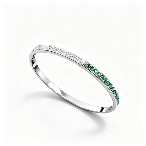 925 Sterling Silver Lab-Created Emerald Bangle | Green Gemstone Accents | Elegant Half-Pavé Design
