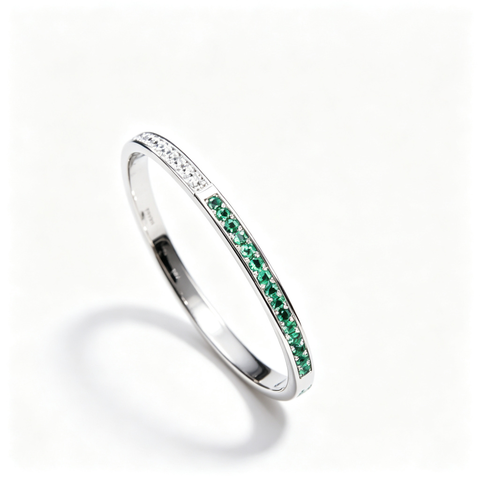 925 Sterling Silver Lab-Created Emerald Bangle | Green Gemstone Accents | Elegant Half-Pavé Design