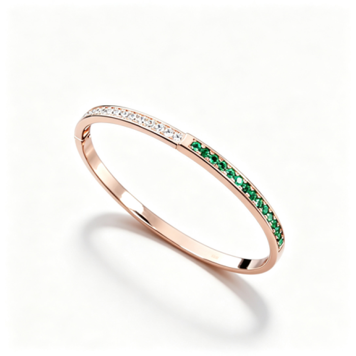 925 Sterling Silver Champagne Gold-Tone Lab-Created Emerald Bangle | Green Gemstone Accents | Elegant Half-Pavé Design