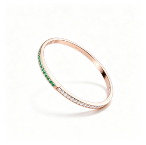 925 Sterling Silver Champagne Gold-Tone Lab-Created Emerald Bangle | Green Gemstone Accents | Elegant Half-Pavé Design