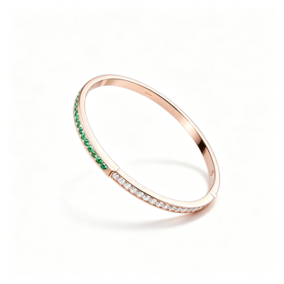 925 Sterling Silver Champagne Gold-Tone Lab-Created Emerald Bangle | Green Gemstone Accents | Elegant Half-Pavé Design