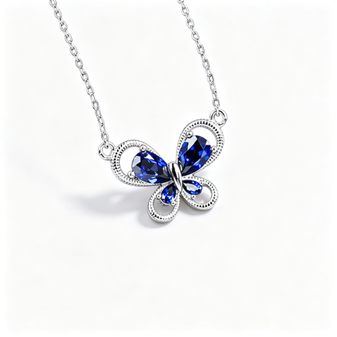 925 Sterling Silver Lab-Created Blue Sapphire Butterfly Necklace | Pavé Accent Pendant