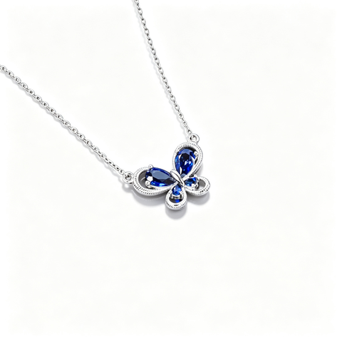 925 Sterling Silver Lab-Created Blue Sapphire Butterfly Necklace | Pavé Accent Pendant